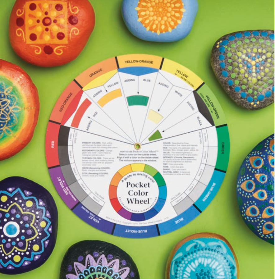 A bright green background with a color wheel in the center. 8 colorful, nature-inspired painted rocks surround the color wheel.
