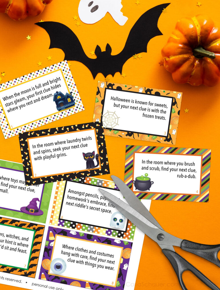 Four cut out Halloween scavenger hunt clues with scissors and 1/2 of an uncut sheet of clues, on an orange halloween themed background.