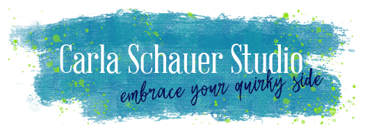 teal paint strokes with lime green speckles, text overlay in white reads "Carla Schauer Studio". Navy Text overlay below reads "embrace your quirky side"