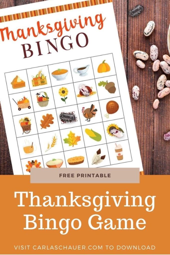 Thanksgiving Bingo Game board with colorful fall icons in a 5x5 grid, with scattered dried beans used as bingo markers. Orange bar at bottom with white text reads "Thanksgiving Bingo Game."