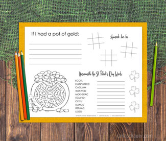 St Patrick's Day activity placemat with yellow border and colored pencils on wood table.