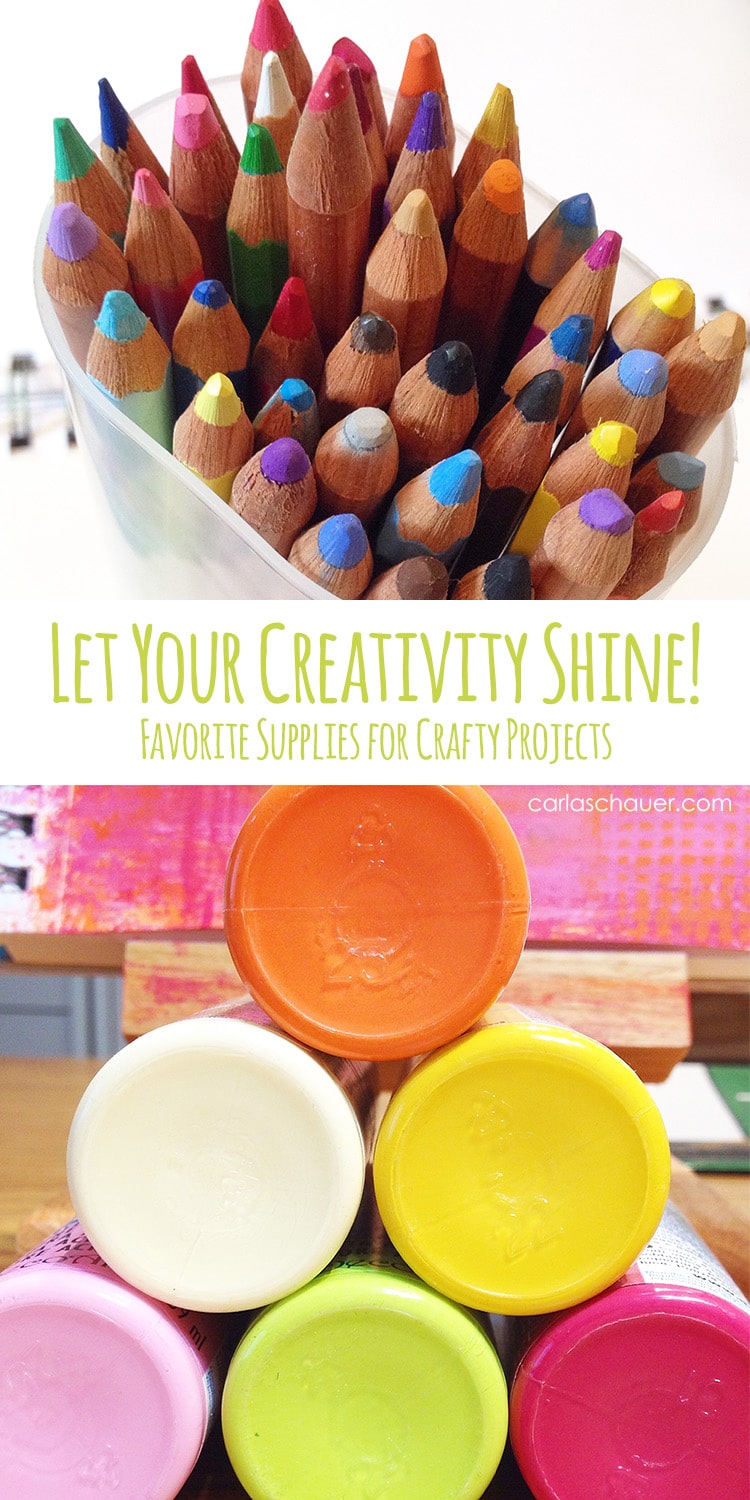 images of colored pencils and image of stacked acrylic paint bottles. white rectangle between reads "Let your creativity Shine, favorite creative supplies"