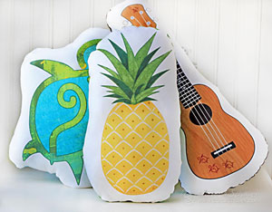 Tropical pineapple, sea turtle, and ukulele handmade pillows