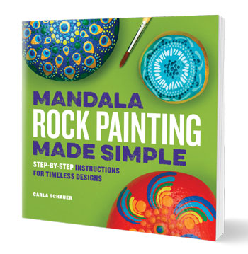 Green book with 3 colorful painted rock mandalas. Title reads: "Mandala Rock Painting Made Simple"