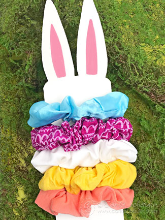 Bunny-shaped card with 5 colorful handmade scrunchies.