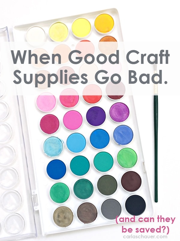 Open watercolor paint palette on white background. Charcoal text overlay reads: "when good craft supplies go bad."