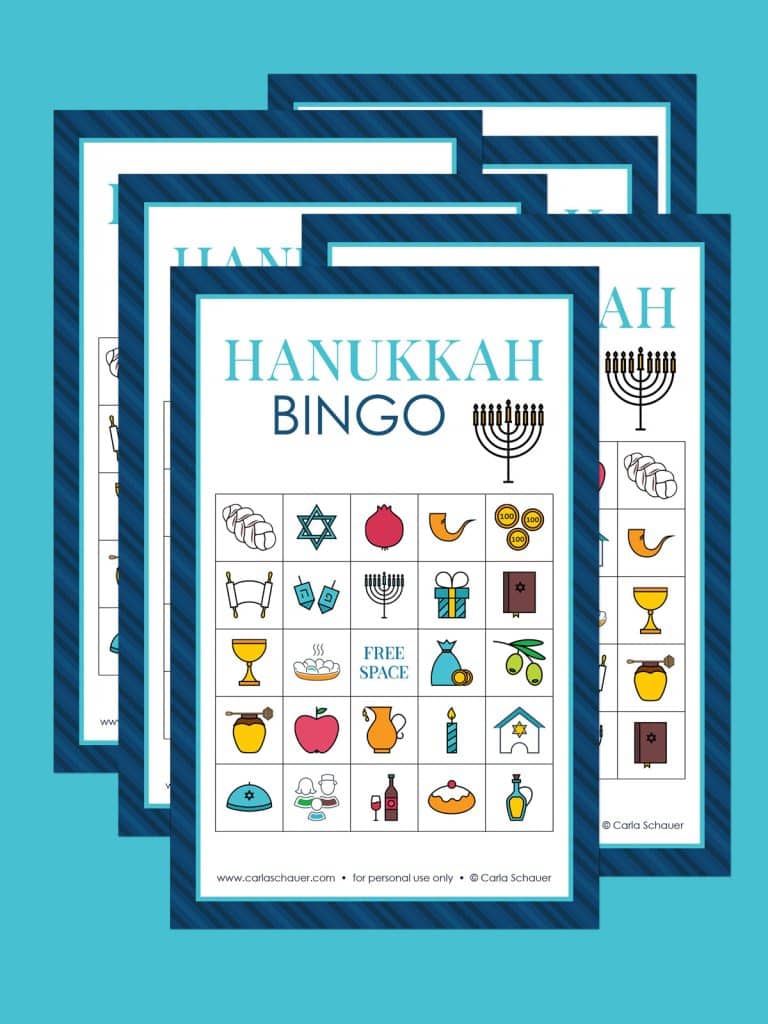 6 printed Hanukkah bingo cards stacked on a blue background. Each board has a blue border and traditional Hanukkah symbols.