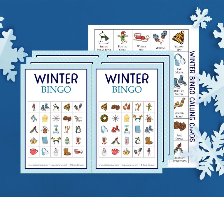 3 printed winter bingo card pages and a calling card sheet on a dark blue background with light blue cut paper snowflakes. The bingo cards are 2/page and each has a light blue border and a 5x5 grid of cute winter icons. Blue text at the top of each board reads "Winter BINGO"