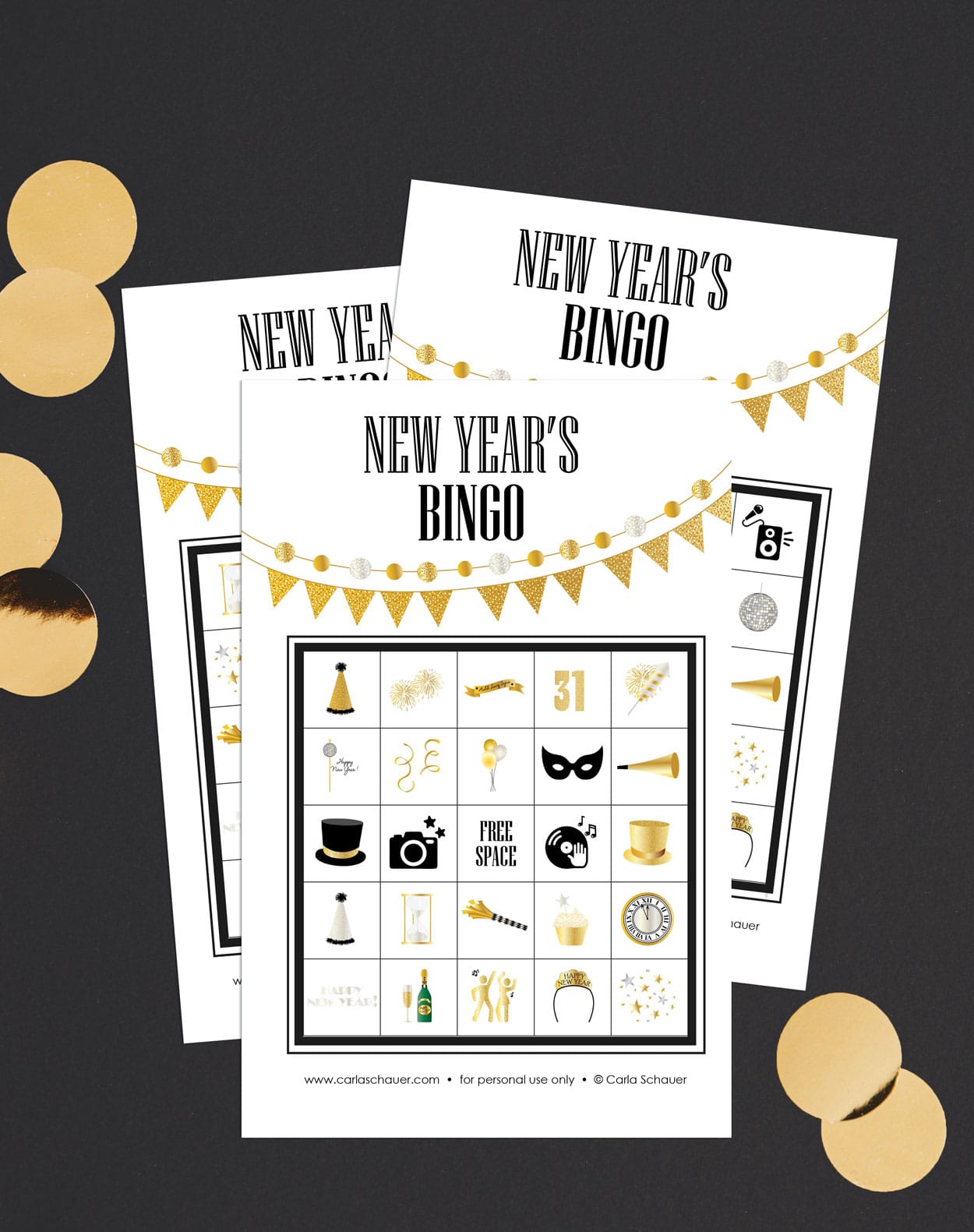3 New Year's Bingo cards printed on white paper, lying on a black background with shiny gold circles. Each bingo sheet has a 5x5 grid of party icons, a gold pennant banner, and black text that reads "New Year's BINGO"