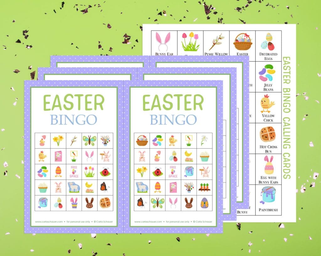 3 pages of printed Easter bingo cards, each with 2 cards per page. Each card has a purple border. The pages are overlapped with a printed calling card page on a green background sprinkled with gold confetti.
